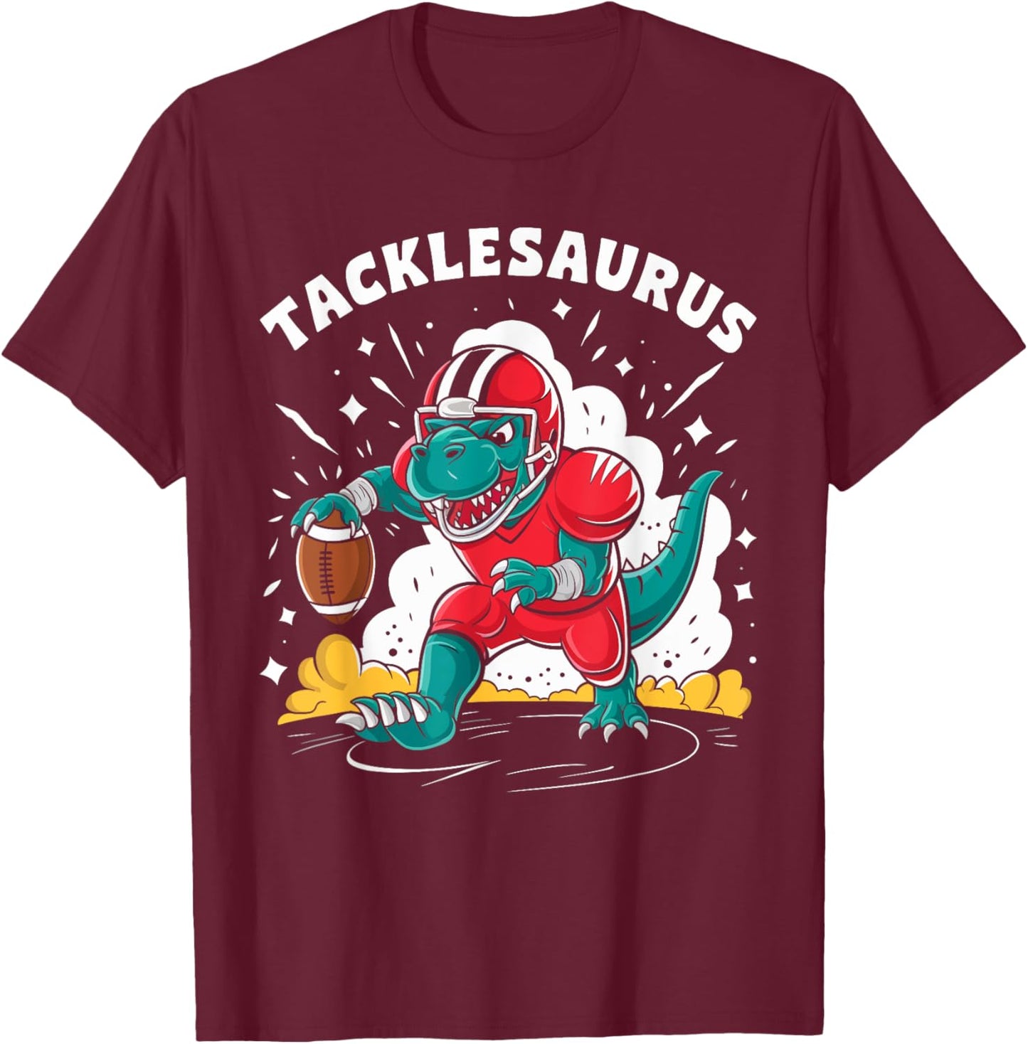 Tacklesaurus Dinosaur Playing Football Funny Football Kids T-Shirt - T-Shirt | Maroon