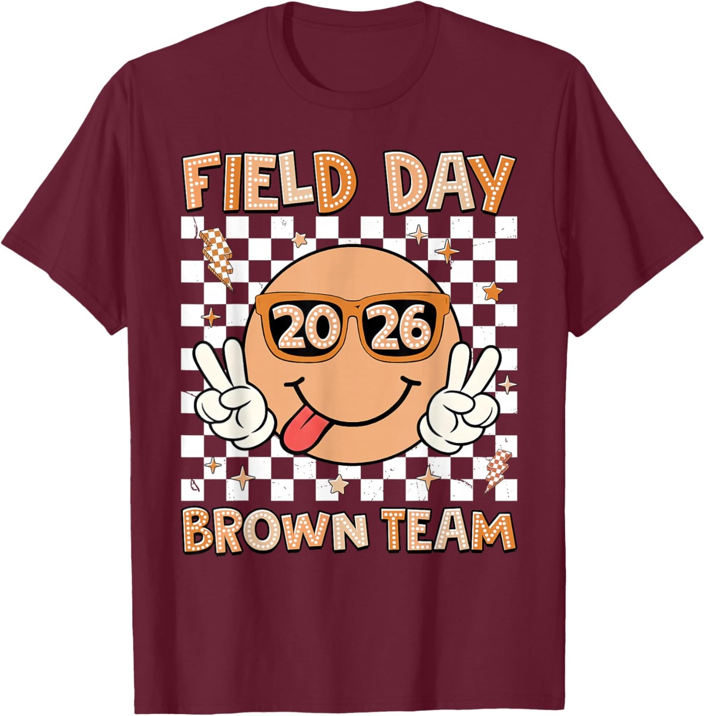 Field Day 2026 Brown Team Smile Face Sunglasses Teacher Kid T-Shirt - T-Shirt | Maroon