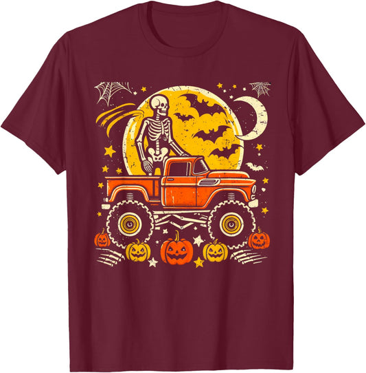 Monster Truck Halloween Jack O Lantern Moon Pumpkin Skeleton T-Shirt - T-Shirt | Maroon