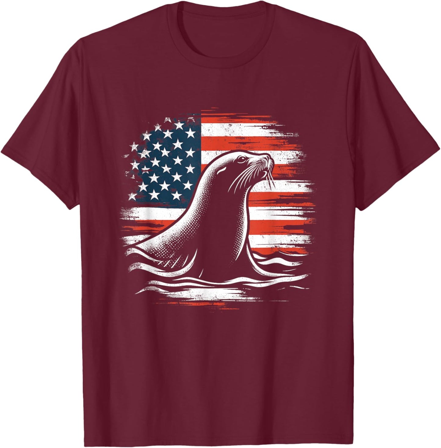 Sea Lion American Flag - Patriotic USA Seal Sealion Lover T-Shirt - T-Shirt | Maroon