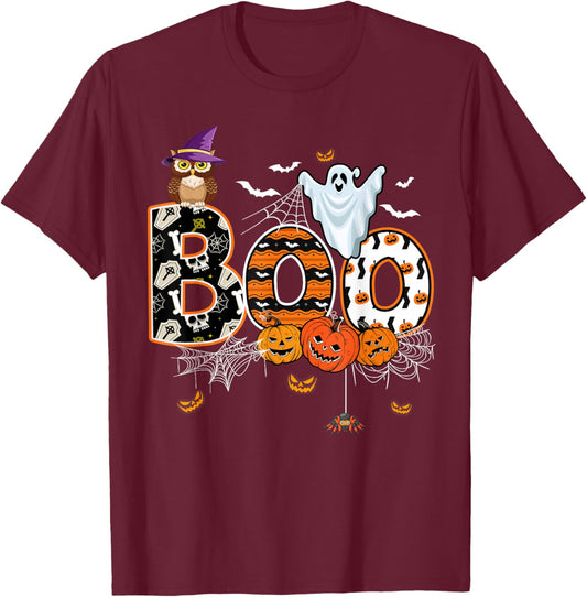 Boo Creepy Owl Pumpkin Ghost Funny Halloween Costume T-Shirt - T-Shirt | Maroon