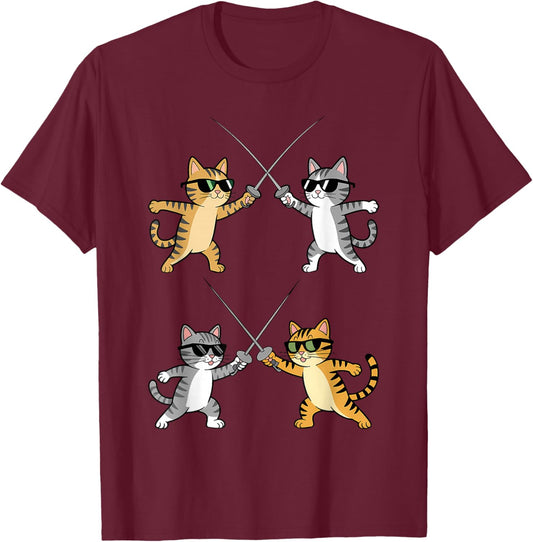 Fencer Cat with Epee Fencing T-Shirt - T-Shirt | Maroon