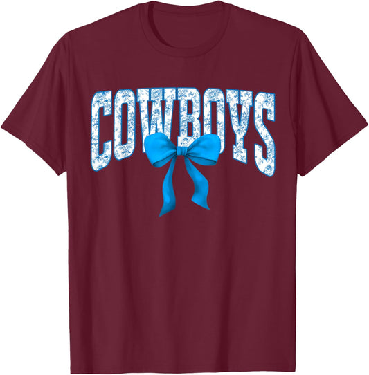 Cowboys Floral Toile Blue Coquette Bow Girls Kids T-Shirt - T-Shirt | Maroon
