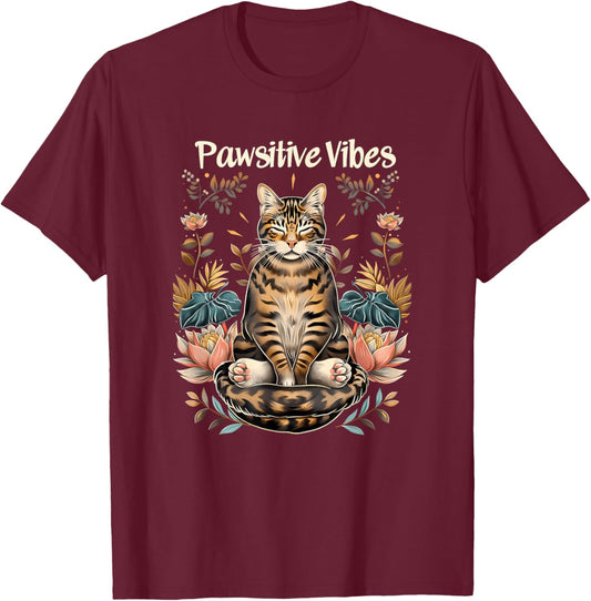 Pawsitive Vibes Only Yoga Poses Kitten Bengal Cat T-Shirt - T-Shirt | Maroon
