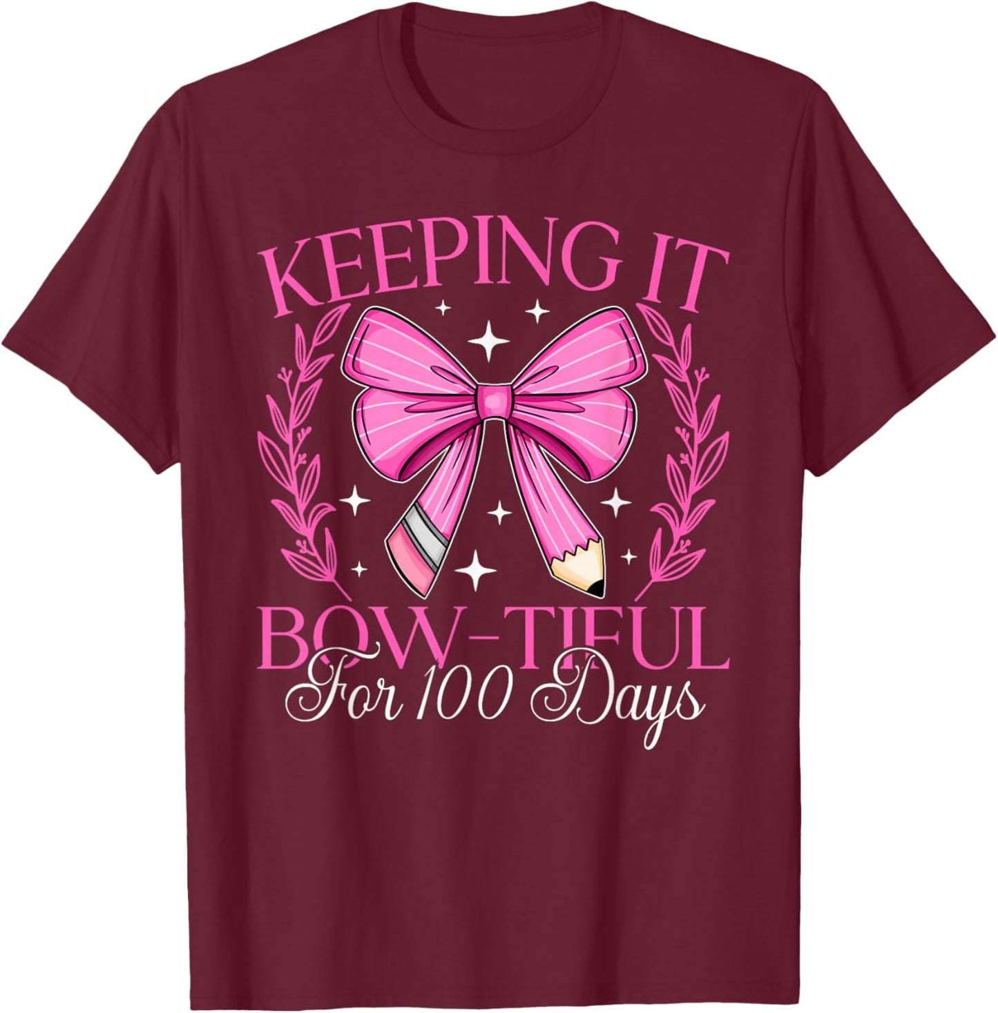 Coquette Bow Keeping It Bowtiful For 100 Days Of School Kids T-Shirt - T-Shirt | Maroon