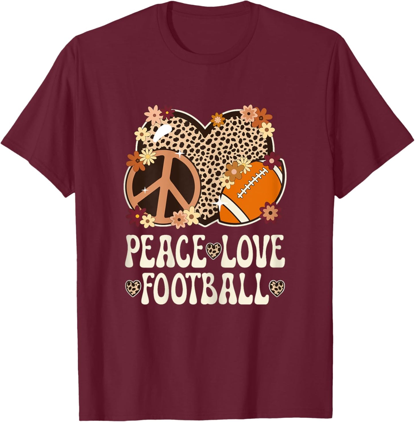 Peace Love Football Lover Outfit Cheetah Print Girl Football T-Shirt - T-Shirt | Maroon