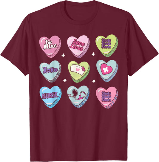 Nurse Conversation Hearts Stethoscope Valentine T-Shirt - T-Shirt | Maroon