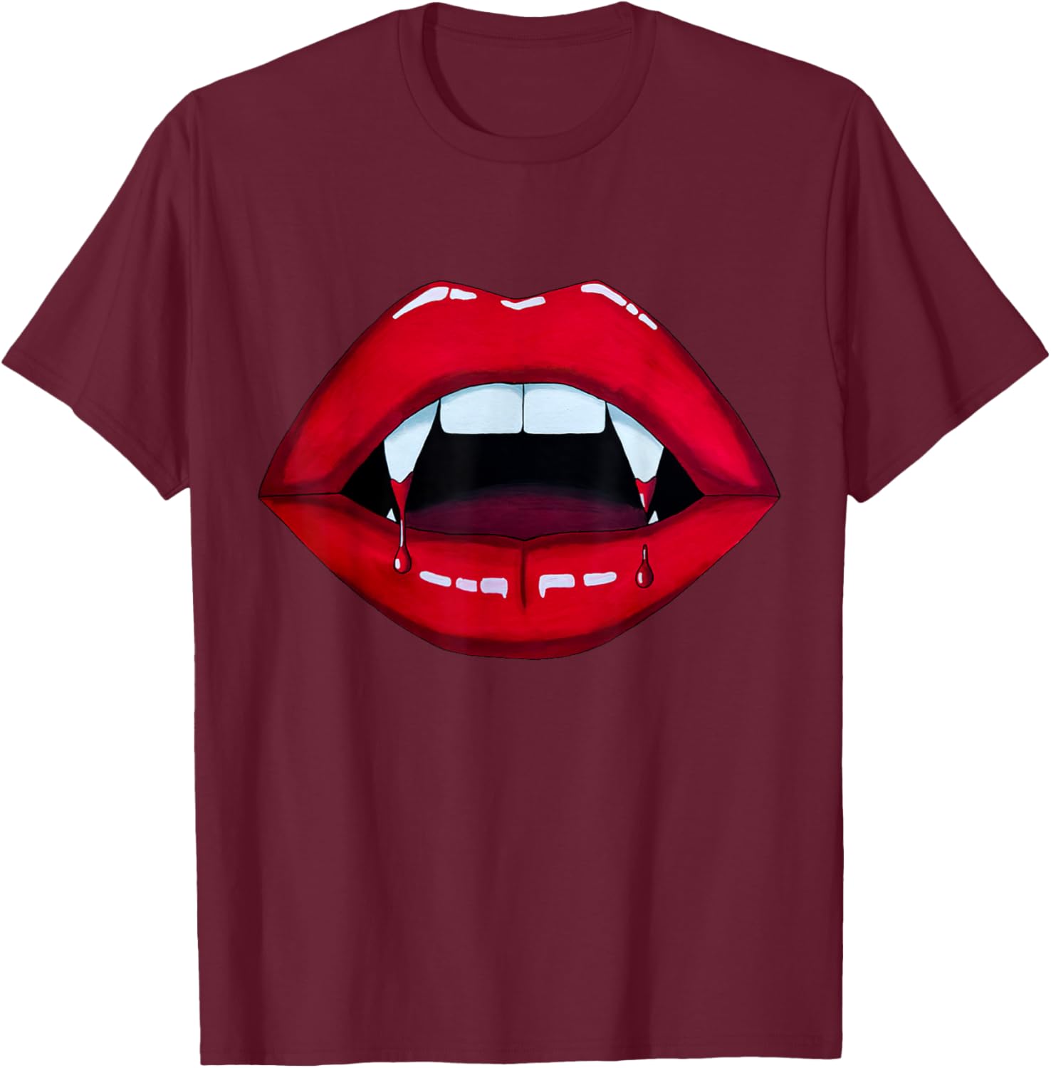 Sexy Vampire Bite Halloween Fangs Teeth Bright Red Lips T-Shirt - T-Shirt | Maroon