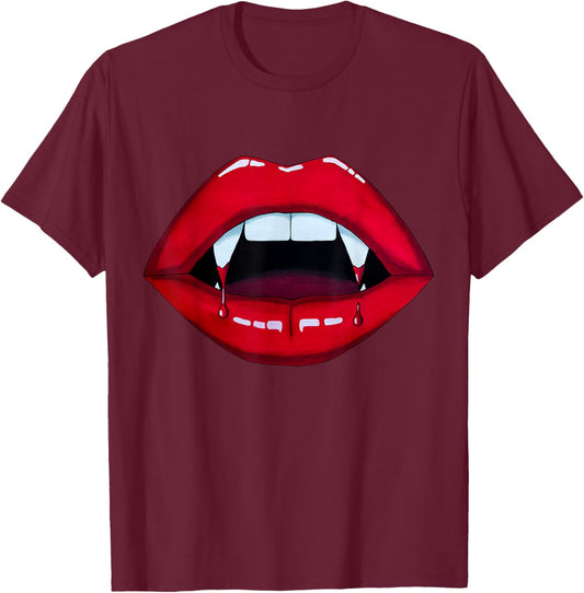 Sexy Vampire Bite Halloween Fangs Teeth Bright Red Lips T-Shirt - T-Shirt | Maroon