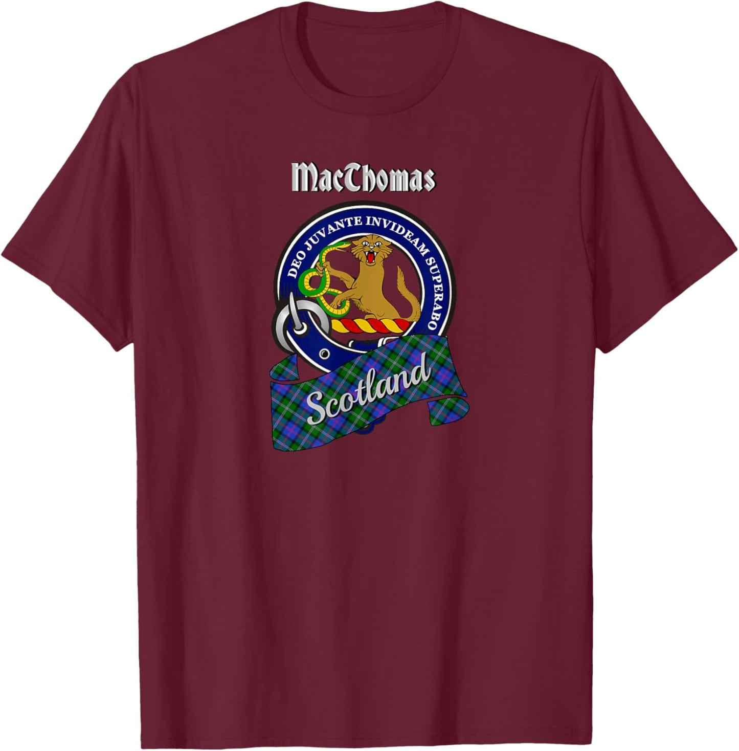 MacThomas Scottish Clan Badge & Tartan T-Shirt - T-Shirt | Maroon