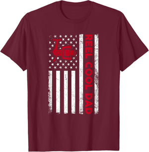 Reel Cool Dad Shirt American Flag Fly Fishing Spinning Reel Men T-Shirt - T-Shirt | Maroon