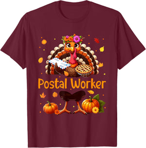 Postal Worker Job Thanksgiving Turkey Flowers Fall Pumpkins T-Shirt - T-Shirt | Maroon