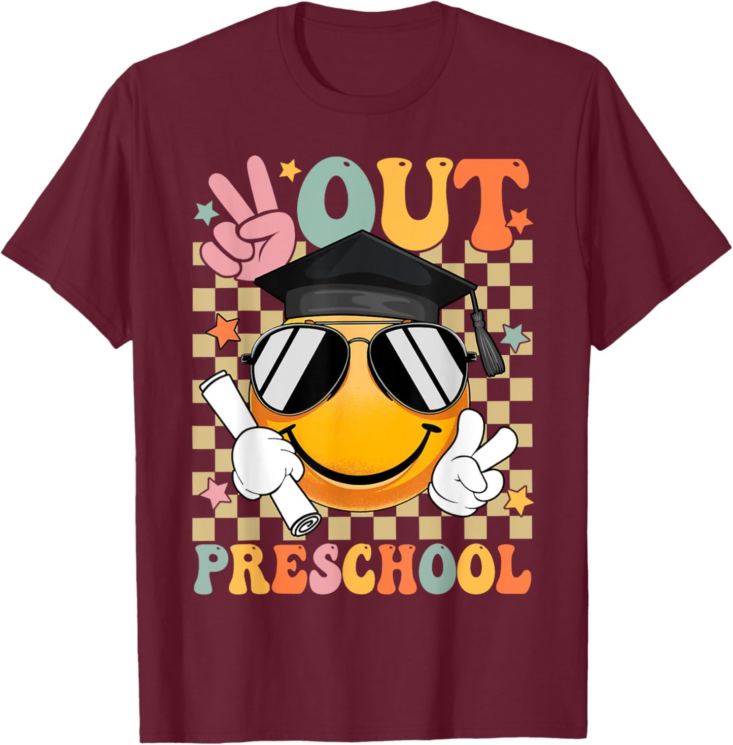 Retro Peace Out Preschool Smile Face Last Day Of School T-Shirt - T-Shirt | Maroon