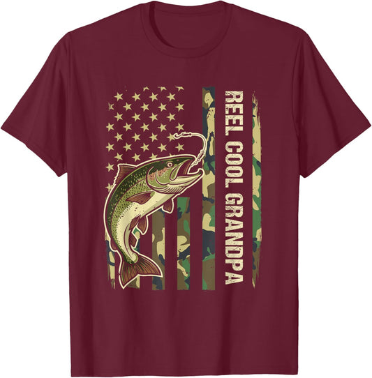 Reel Cool Grandpa Trout Fishing Camo American Flag Fisherman T-Shirt - T-Shirt | Maroon