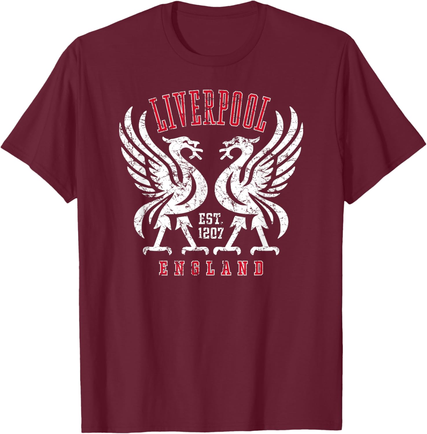 Liverpool England Est. 1207 Twin Liverbirds Distressed Print T-Shirt - T-Shirt | Maroon