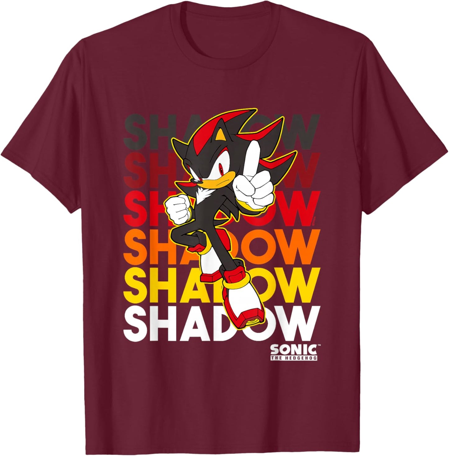 Sonic The Hedgehog Shadow Stacked Text Cool Logo T-Shirt - T-Shirt | Maroon