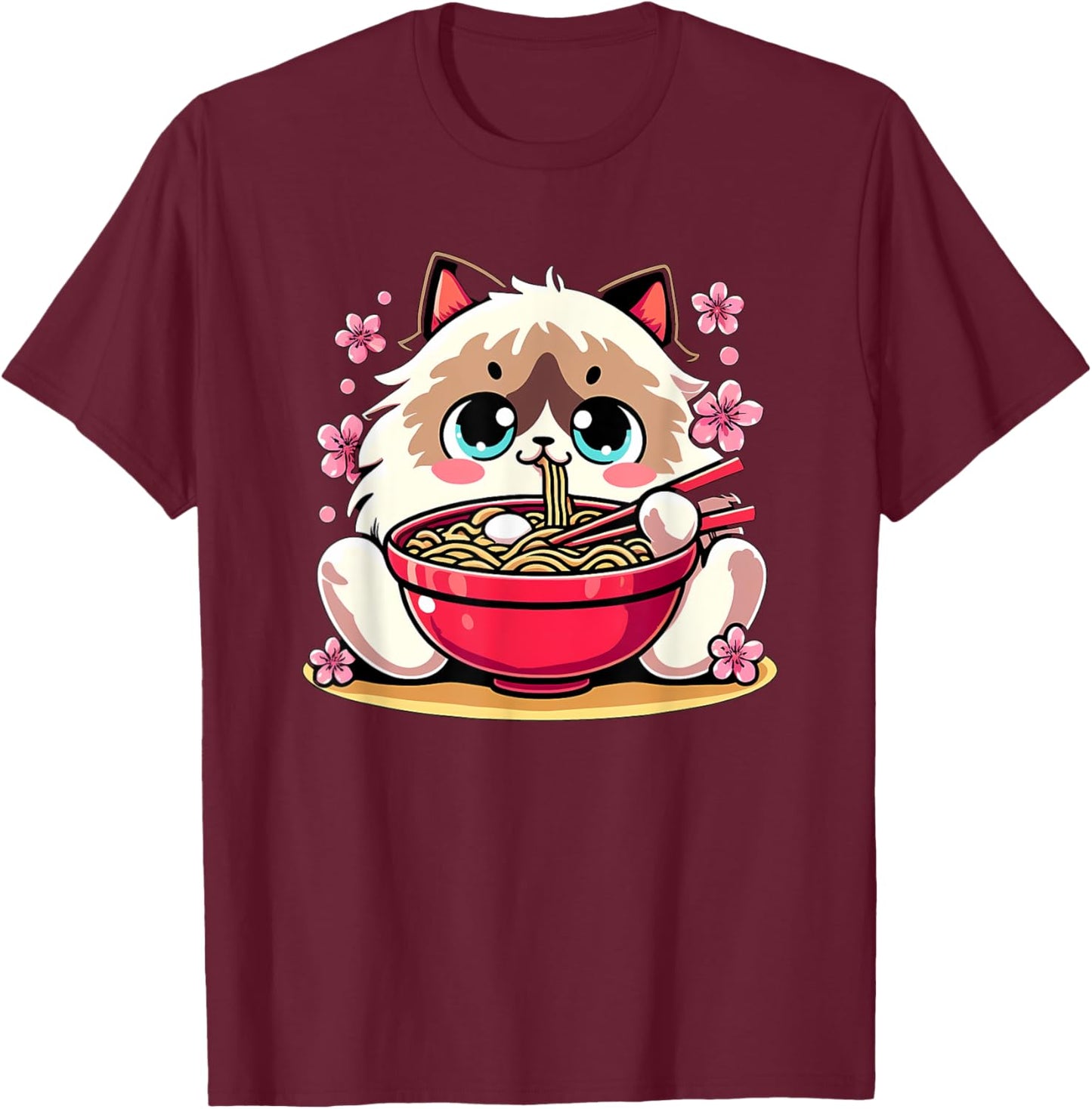 Kawaii Ragdoll Cat Eating Ramen T-Shirt - T-Shirt | Maroon