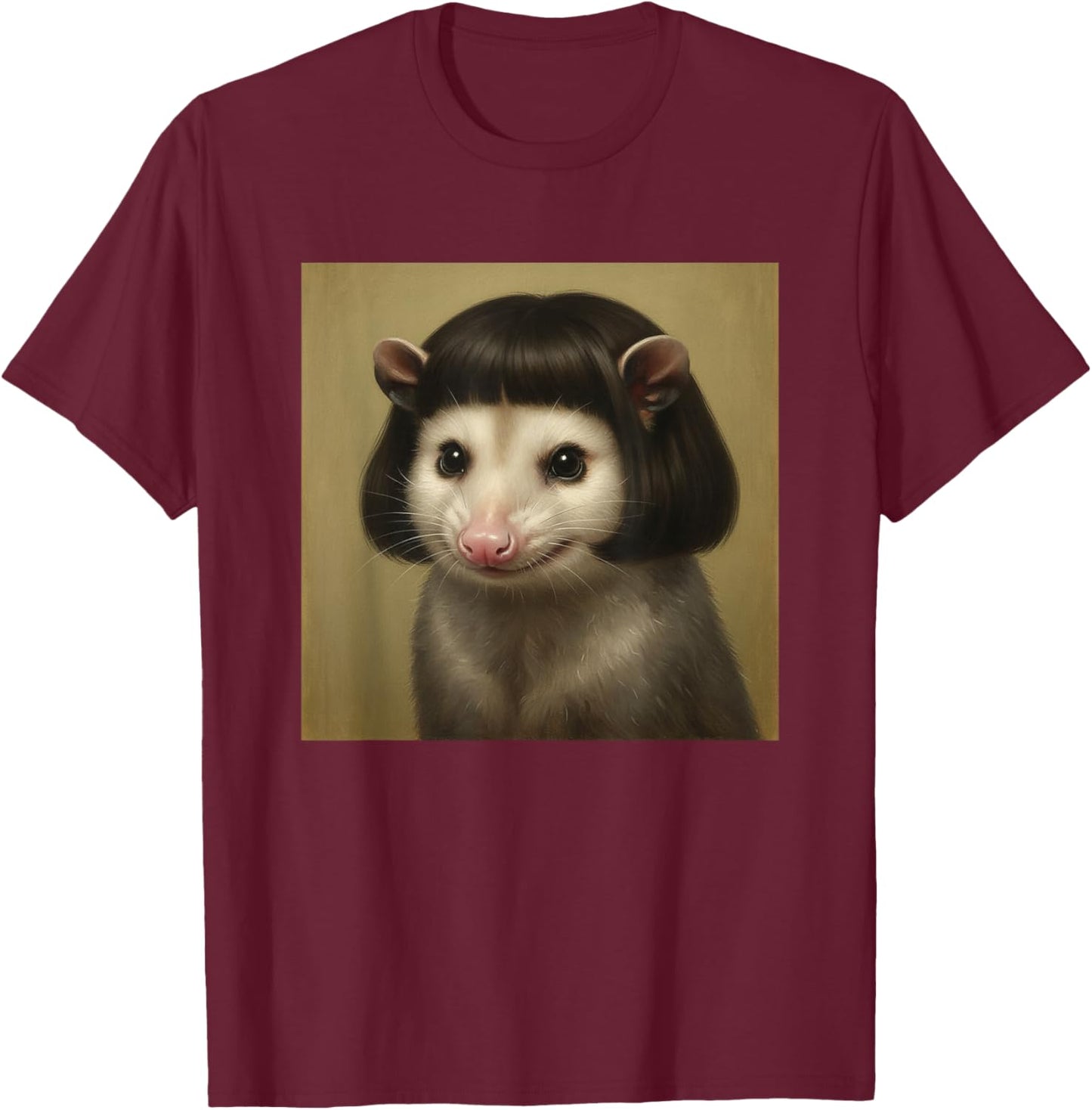 Opossum with Bob Haircut Funny Woodland Critter Art T-Shirt - T-Shirt | Maroon