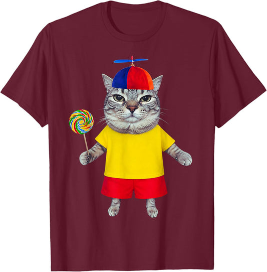 Silly Cat with Lollipop Propeller Hat Funny Meme Men Women T-Shirt - T-Shirt | Maroon