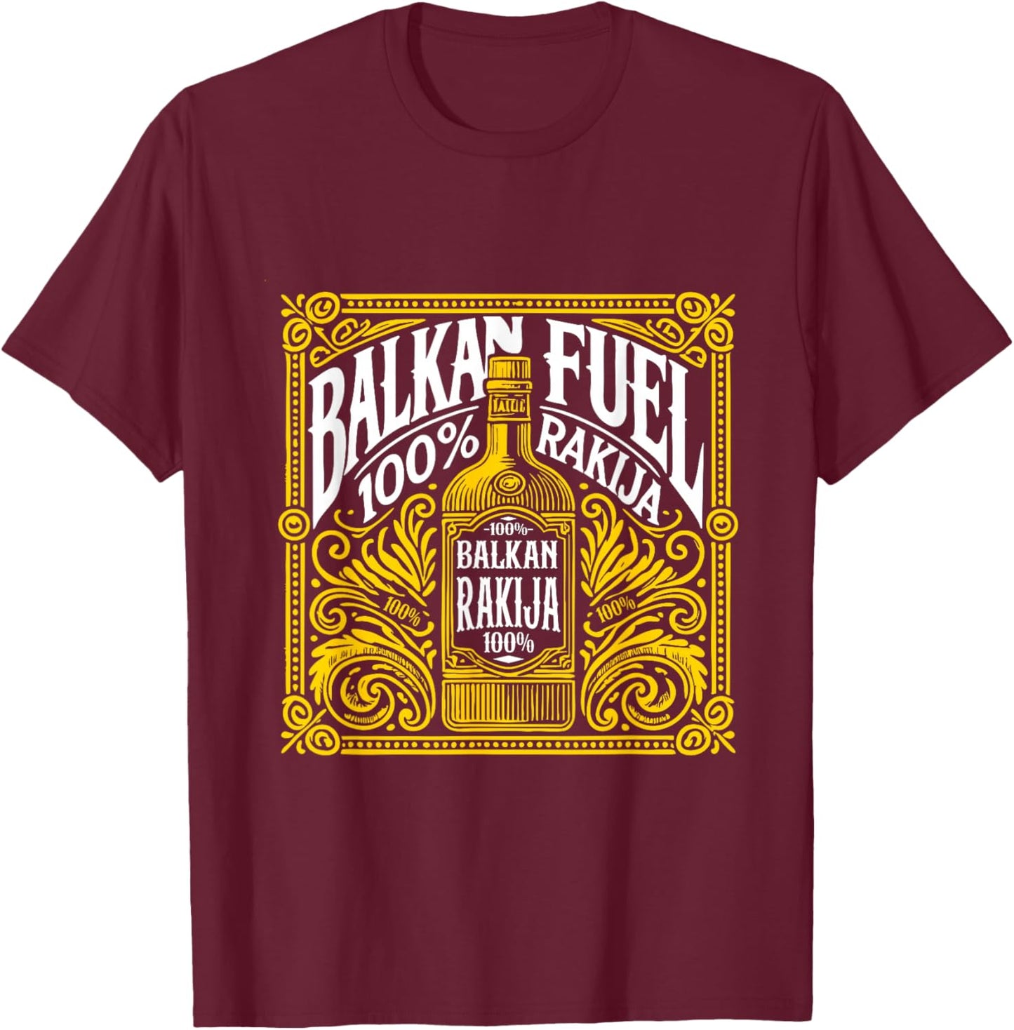 Balkan Fuel 100% Rakija Vintage Bottle Design T-Shirt - T-Shirt | Maroon