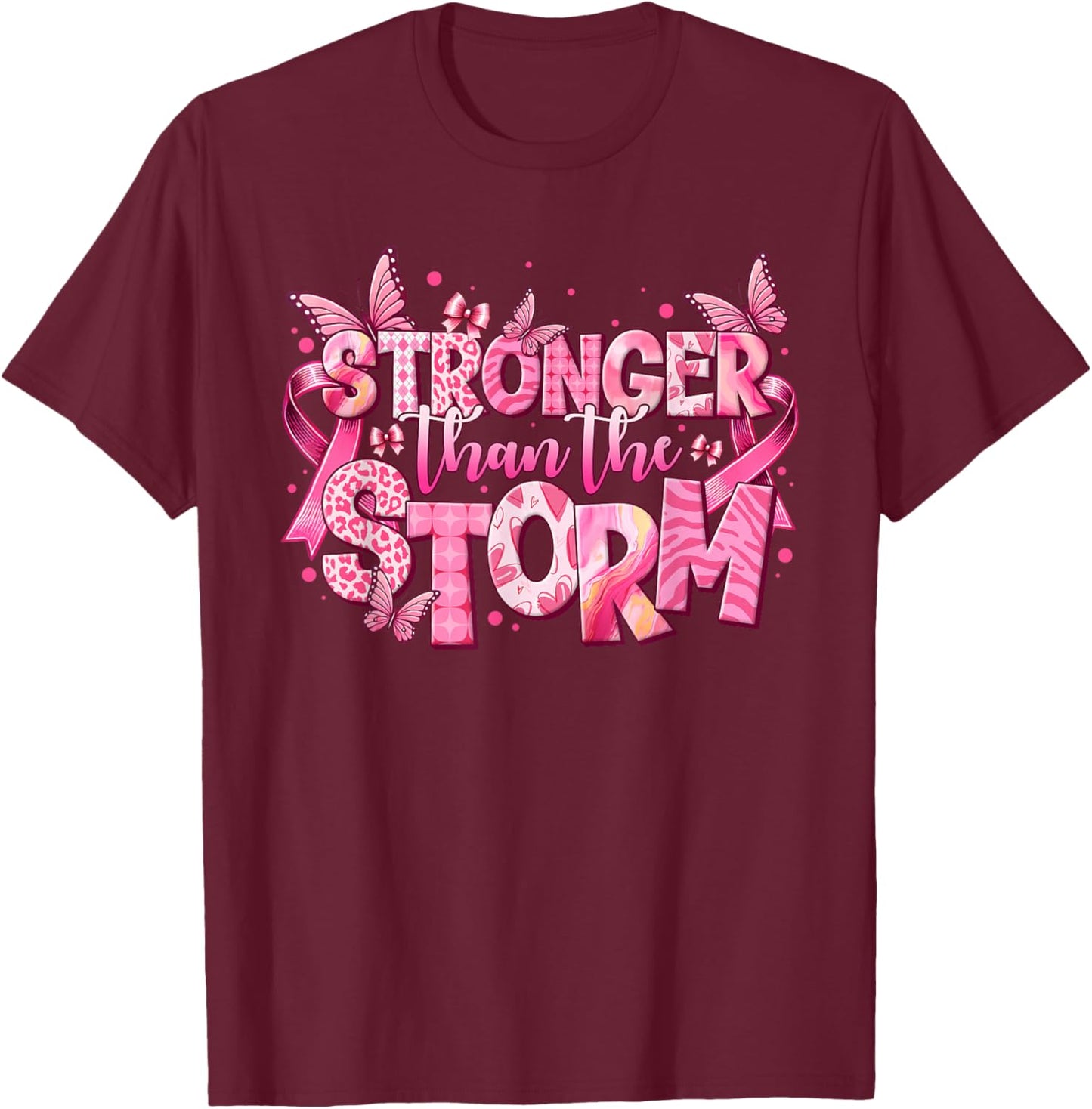 Stronger Than The Storm Pink Ribbon Breast Cancer Awareness T-Shirt - T-Shirt | Maroon
