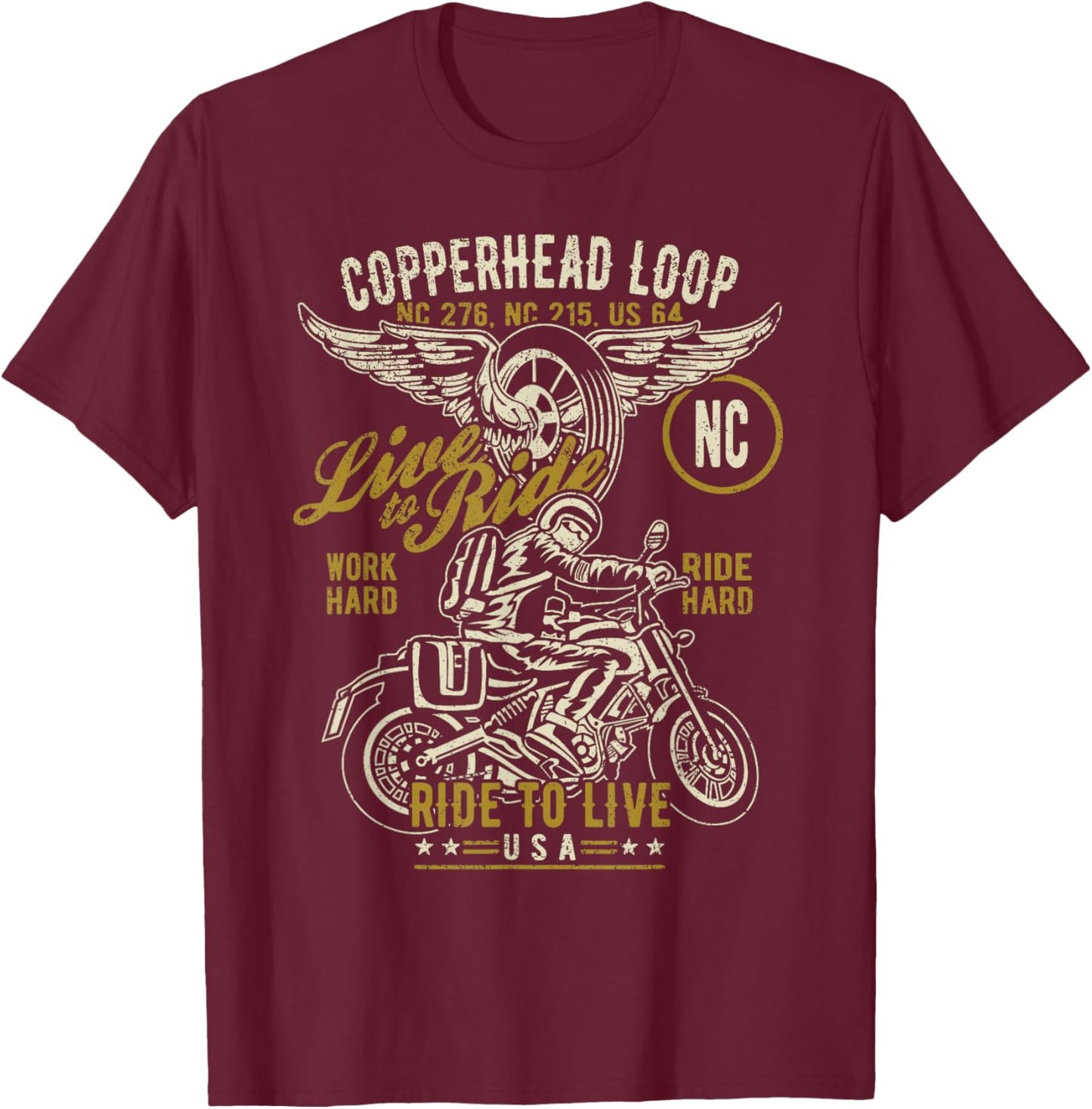 Copperhead Loop NC USA Motorcycle Distressed Design T-Shirt - T-Shirt | Maroon
