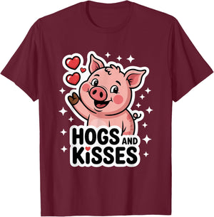 Hogs and Kisses Cute Cartoon Pig T-Shirt - T-Shirt | Maroon