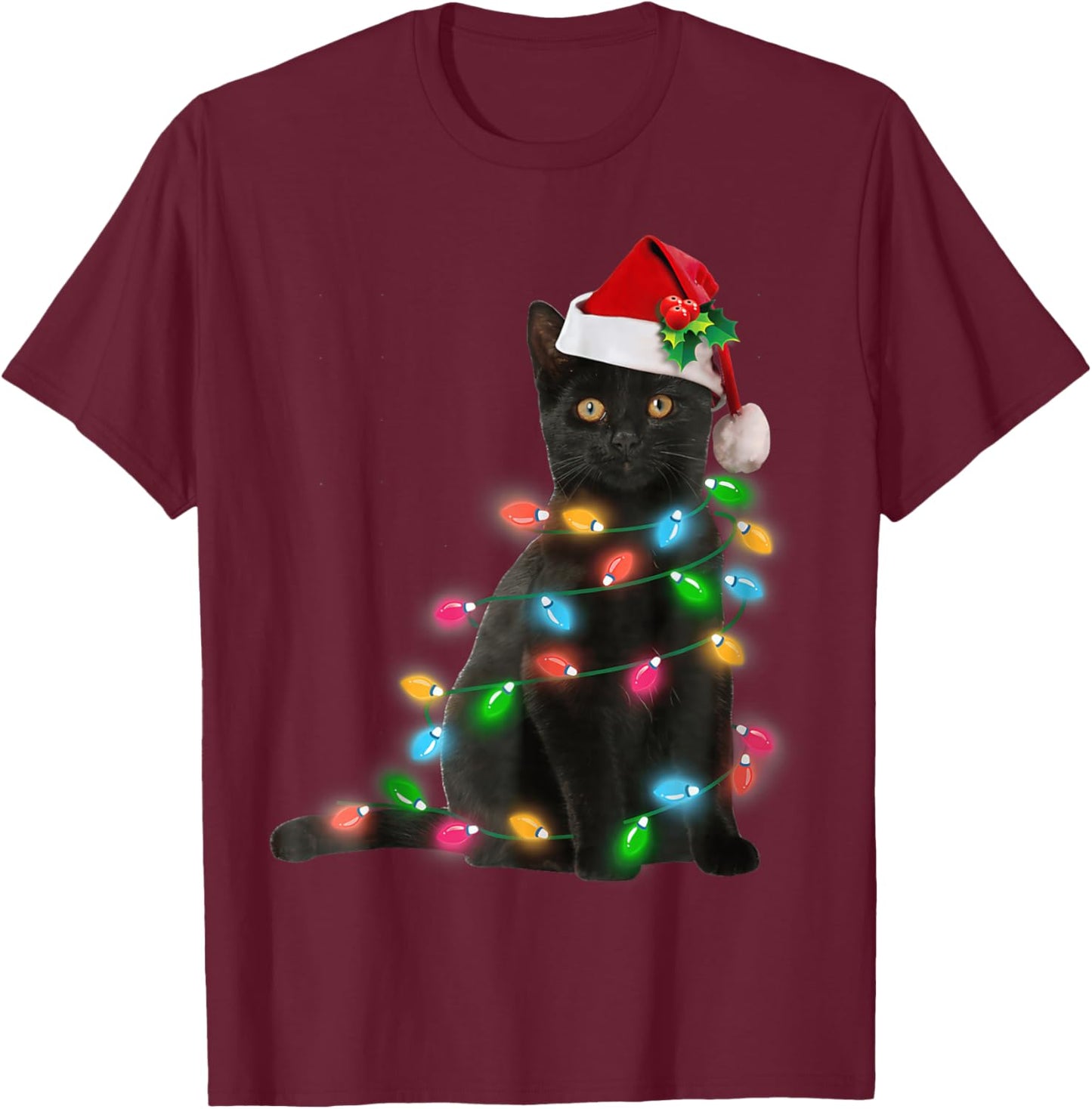 Black Cat Christmas Light cat Lover Christmas T-Shirt - T-Shirt | Maroon