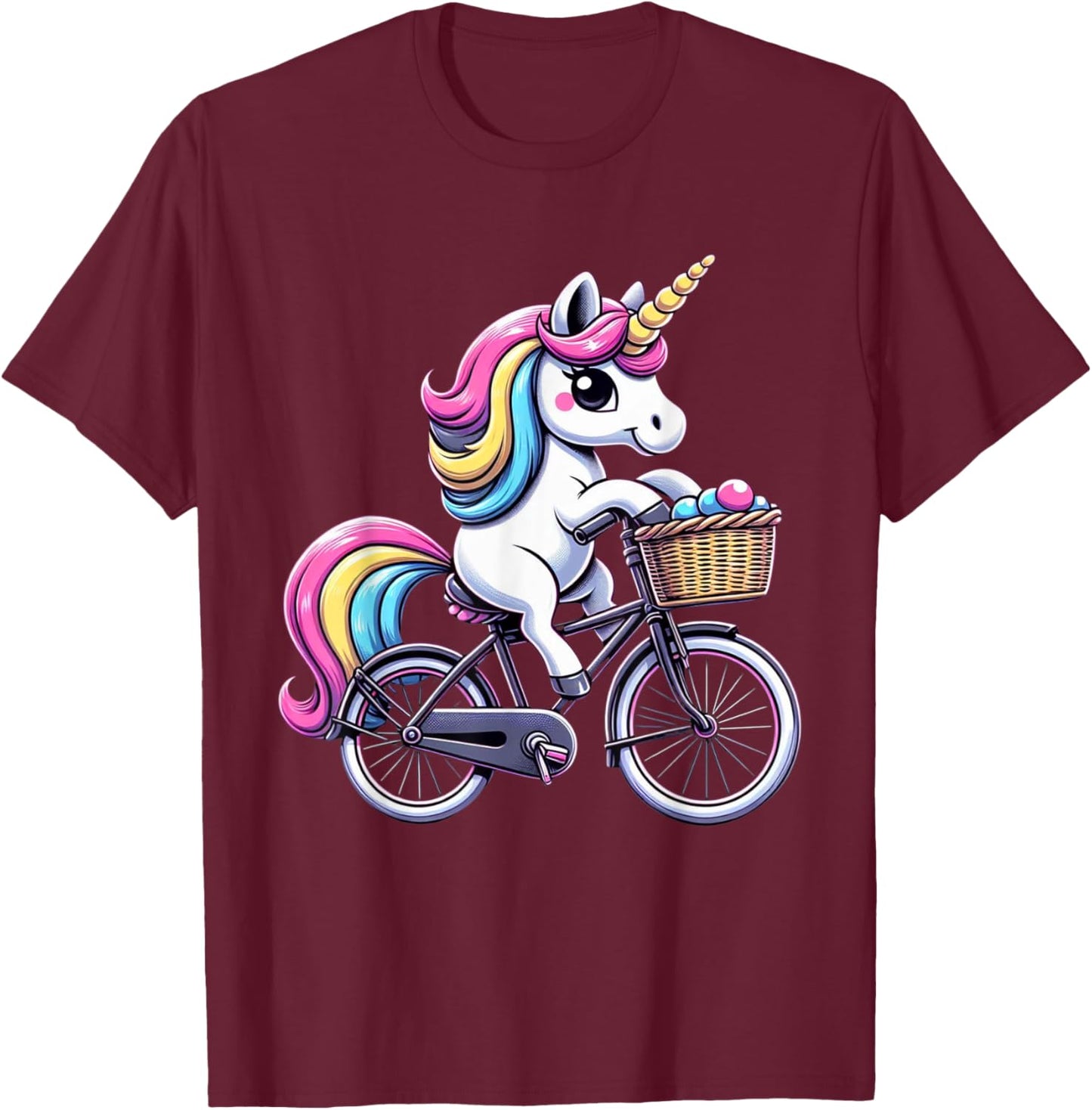 Unicorn Riding Bicycle Boys Girls Women Kids Teen Rainbow T-Shirt - T-Shirt | Maroon