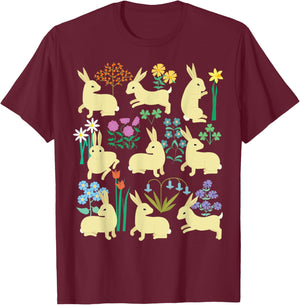 Playful little rabbits (bunnies) among colorful flowers T-Shirt - T-Shirt | Maroon