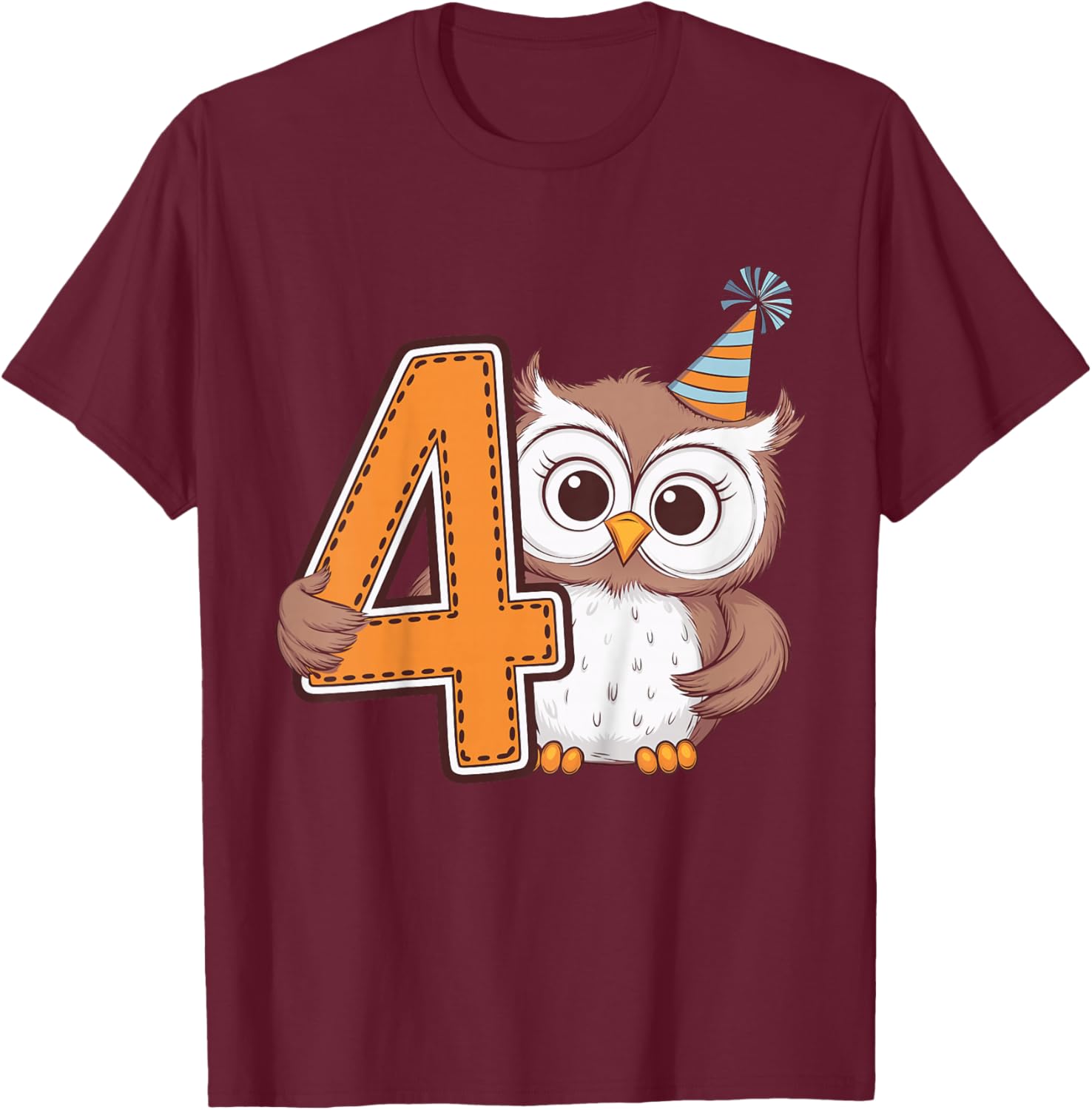 Kids 4th Birthday Owl Kids T-Shirt - T-Shirt | Maroon