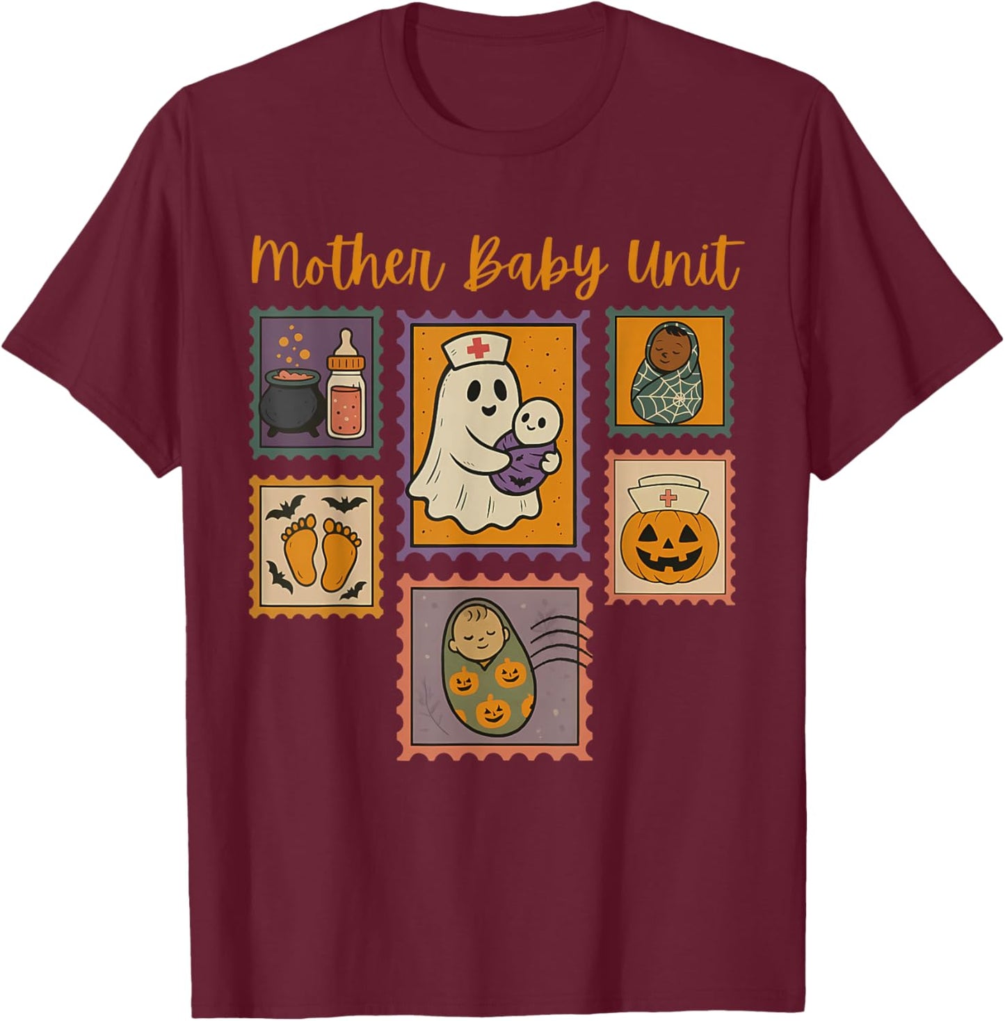Stamp Mother Baby Nurse Halloween Spooky Nursery Nurse Ghost T-Shirt - T-Shirt | Maroon