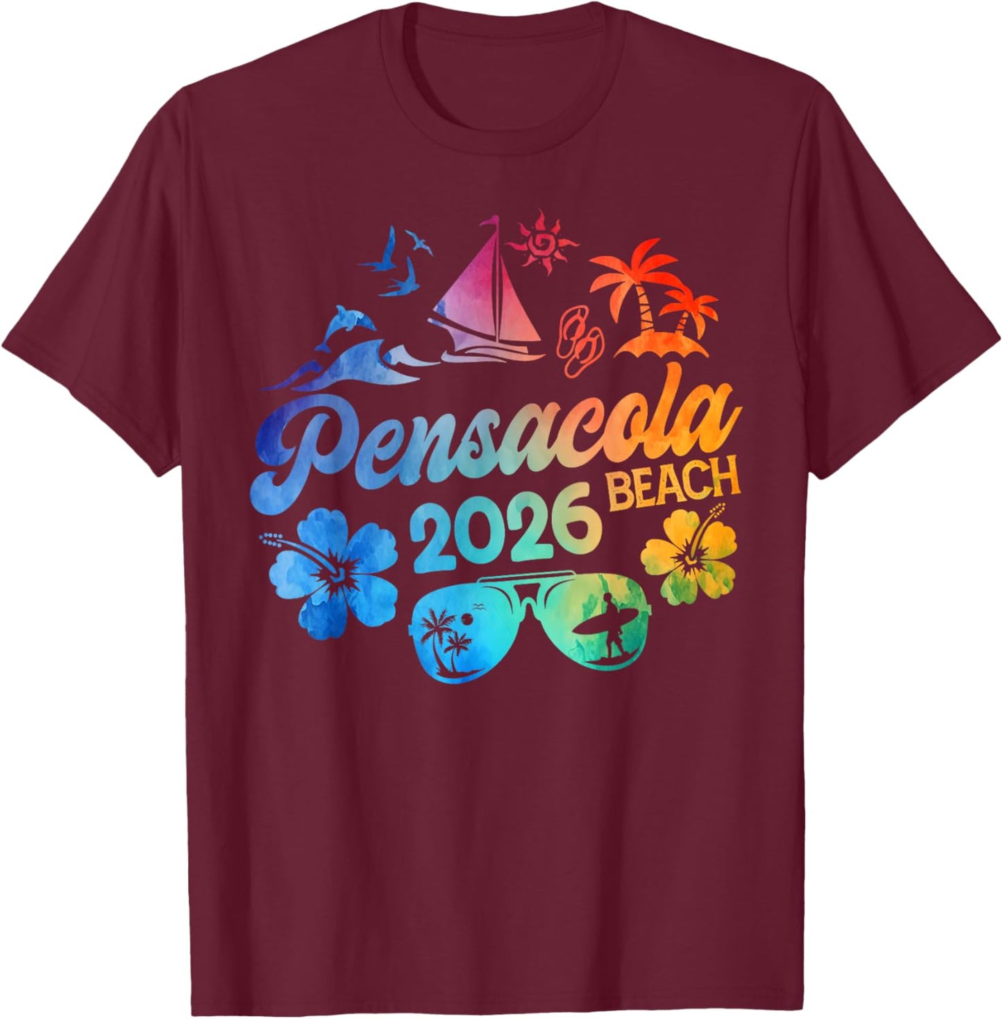 Pensacola Beach Florida 2026 Vacation Tie Dye Summer Vibes T-Shirt - T-Shirt | Maroon