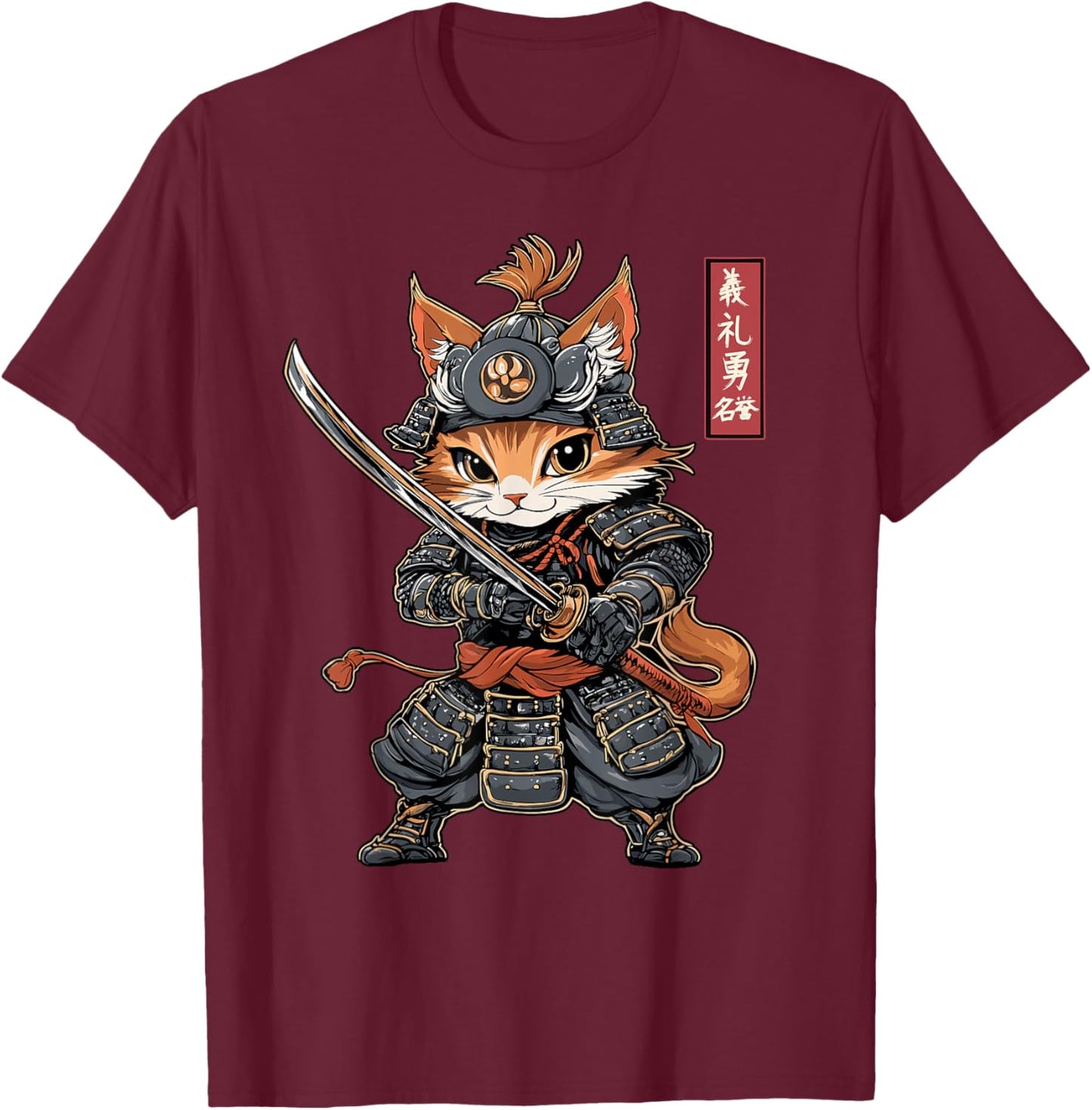 Japanese Samurai Cat, Warrior, Vintage & Kawaii Anime Kitten T-Shirt - T-Shirt | Maroon
