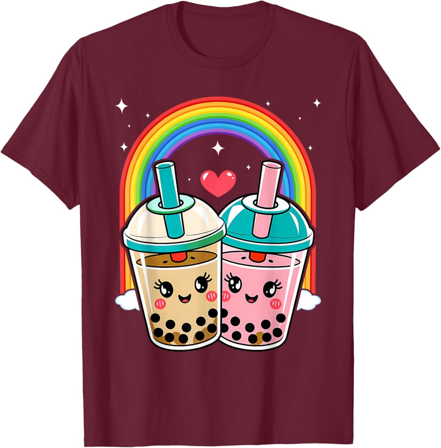 Cute Kawaii Couple Bubble Boba Milk Tea Lover Girl T-Shirt - T-Shirt | Maroon