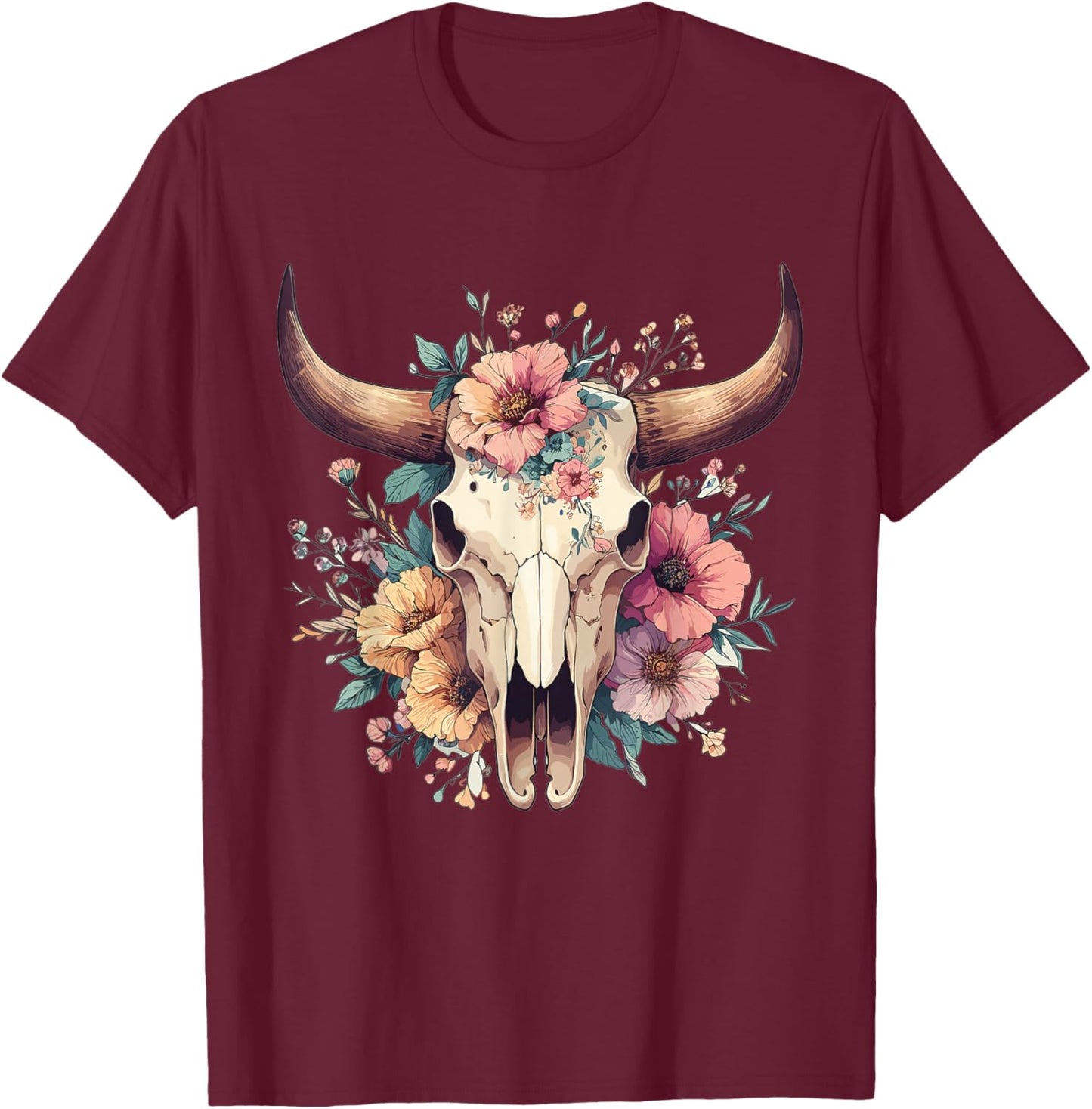 Boho Cow Bull Skull Flowers Wild west Western Cowgirl Texans T-Shirt - T-Shirt | Maroon