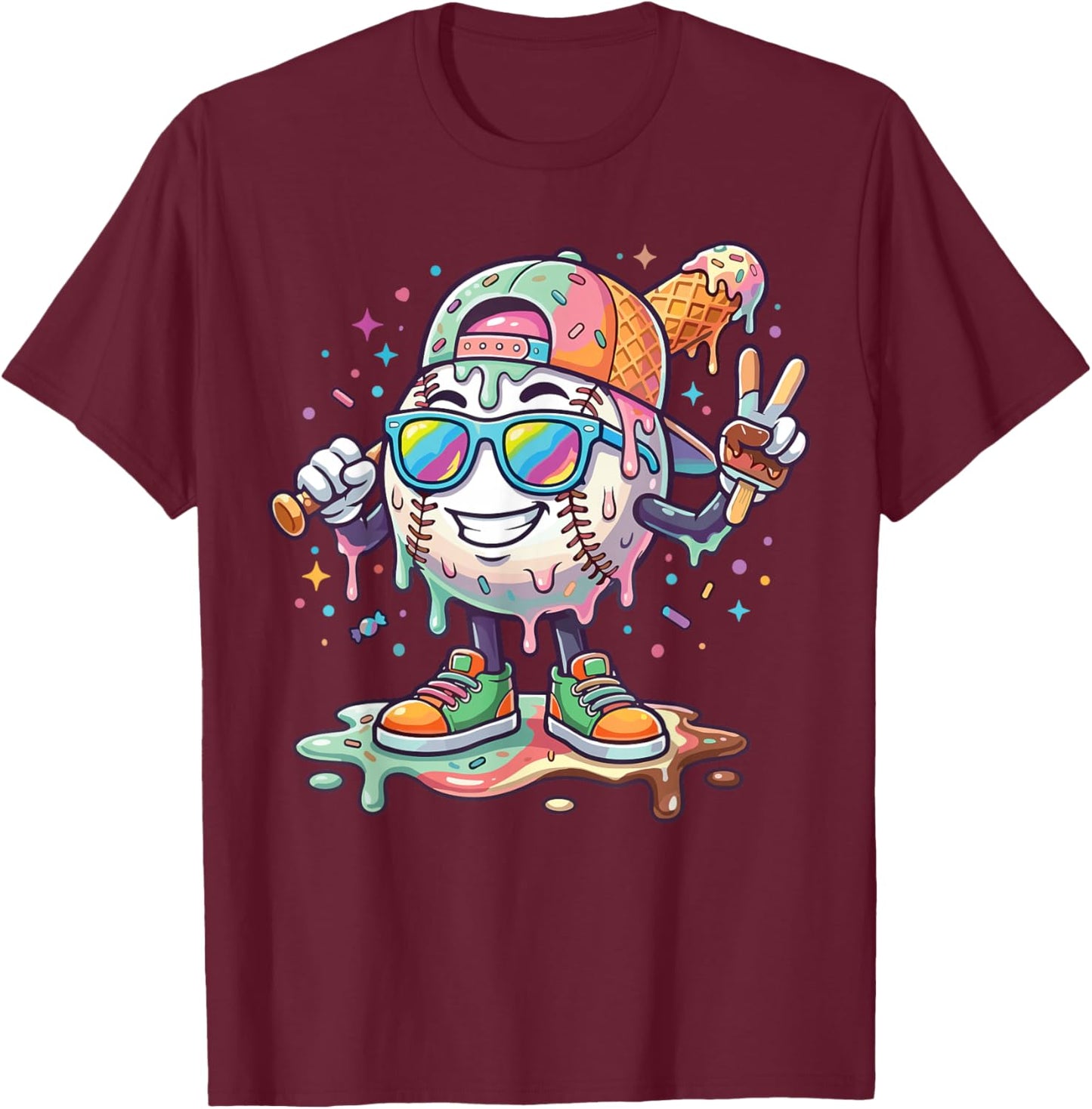 Baseball Ice Cream Drip Youth Boys Kids Baseball Drip T-Shirt - T-Shirt | Maroon