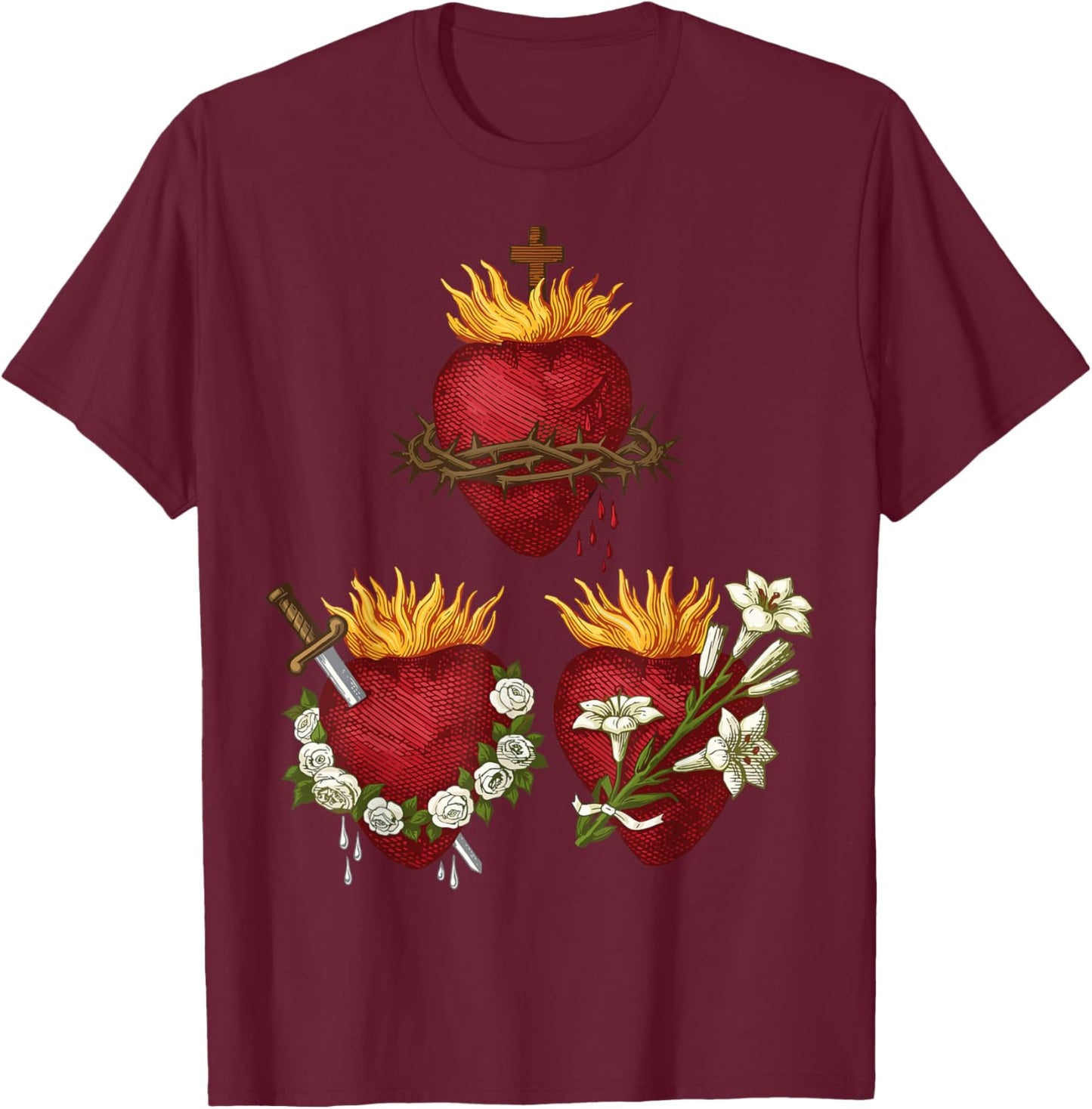 Sacred Heart of Jesus Immaculate Heart Mary Joseph Catholic T-Shirt - T-Shirt | Maroon