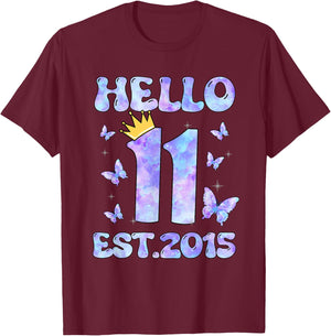Hello Eleven Est 2015 11th Birthday Girl 11 Yr Old Butterfly T-Shirt - T-Shirt | Maroon