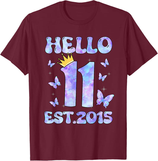Hello Eleven Est 2015 11th Birthday Girl 11 Yr Old Butterfly T-Shirt - T-Shirt | Maroon