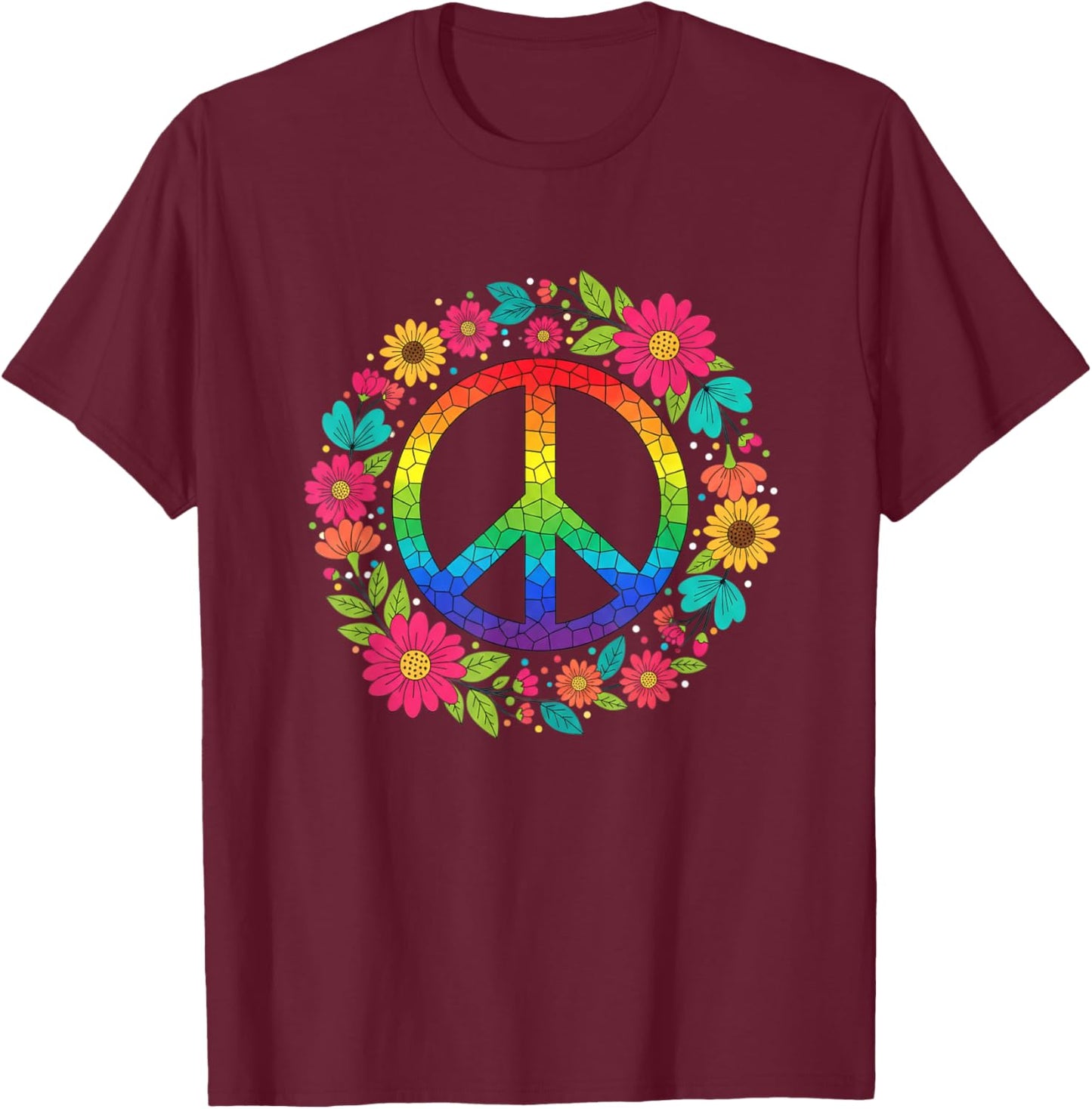 Peace Sign Floral Hippie Retro Rainbow Mosaic Boho Vibes T-Shirt - T-Shirt | Maroon