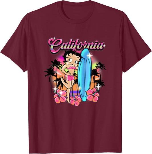 Betty Boop Tropical Neon California Surf Club T-Shirt - T-Shirt | Maroon