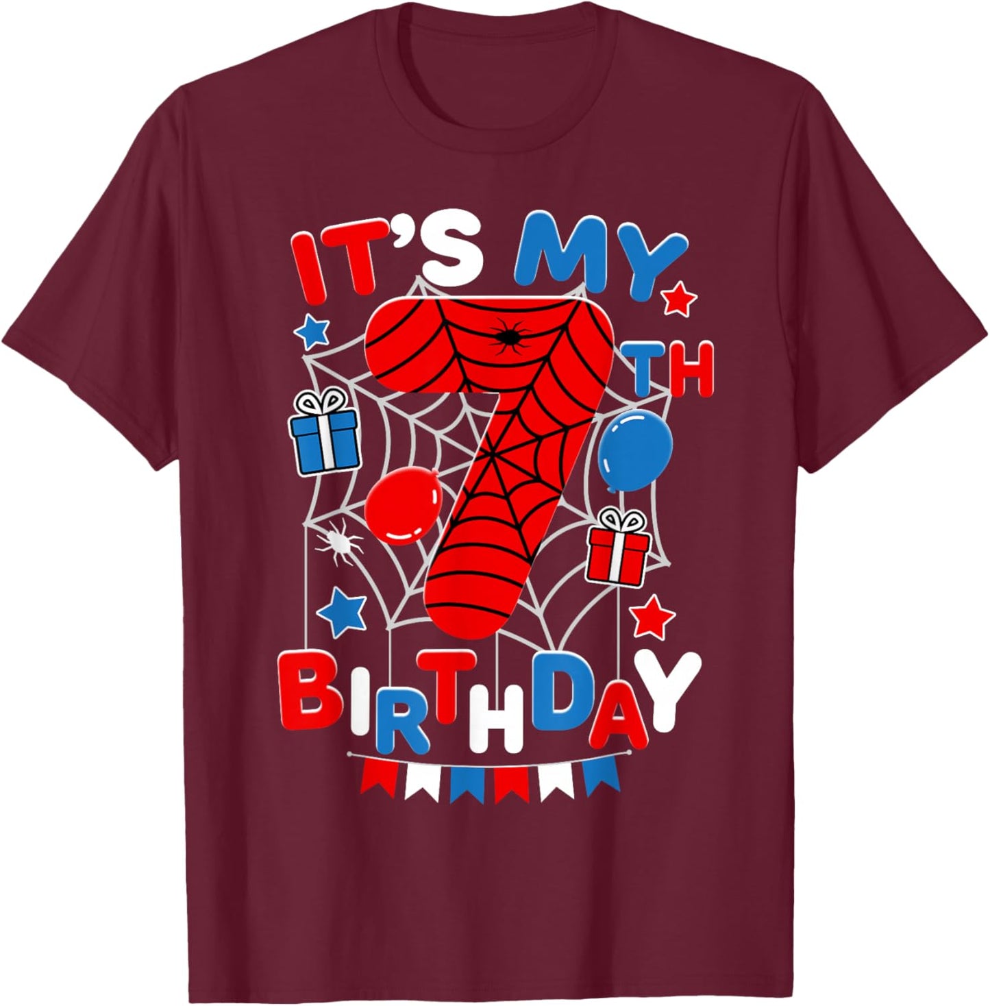 It's My 7th Birthday Spider Theme Party 7 Year Old Boys Kids T-Shirt - T-Shirt | Maroon
