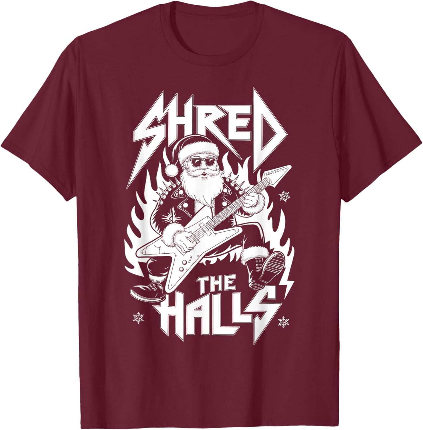 Shred the Halls Christmas Rocker Santa Metalhead Guitarist T-Shirt - T-Shirt | Maroon