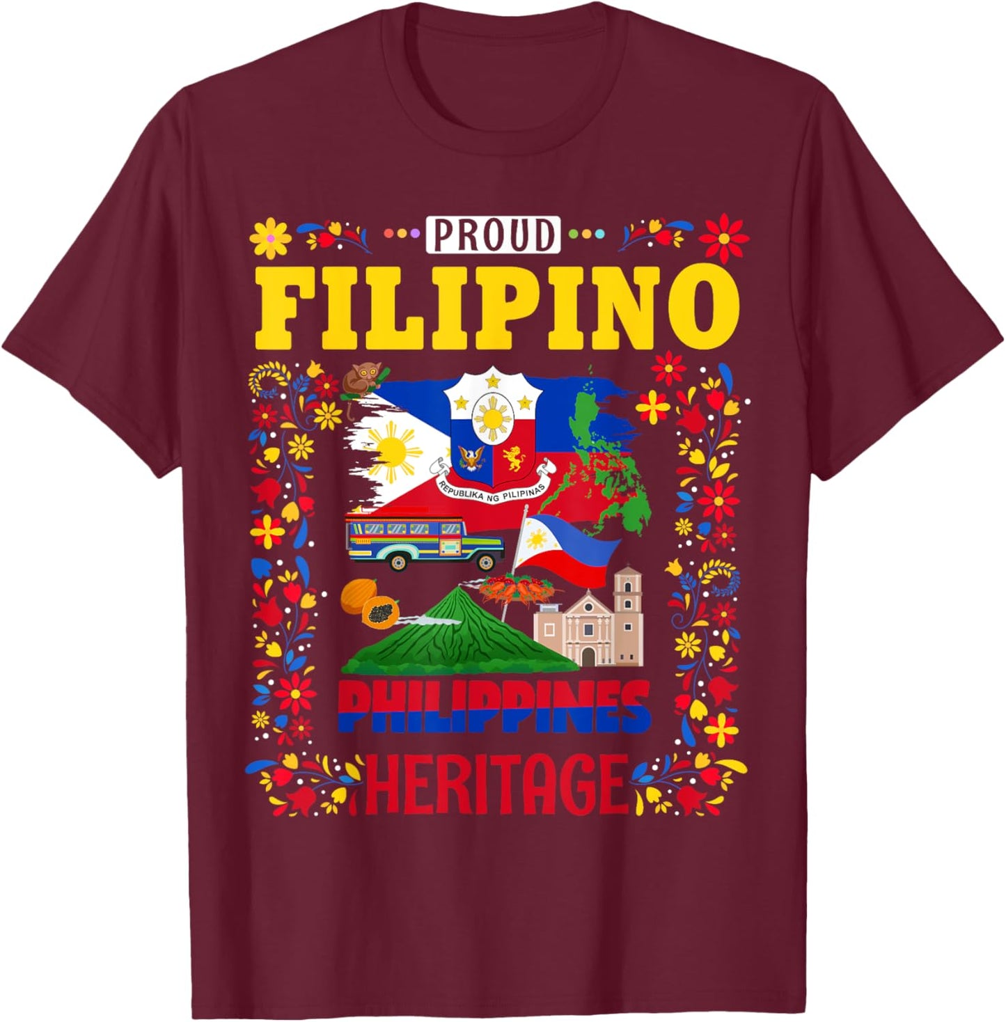 Filipino Heritage Flag Outfit Idea for Kids Philippines Flag T-Shirt - T-Shirt | Maroon
