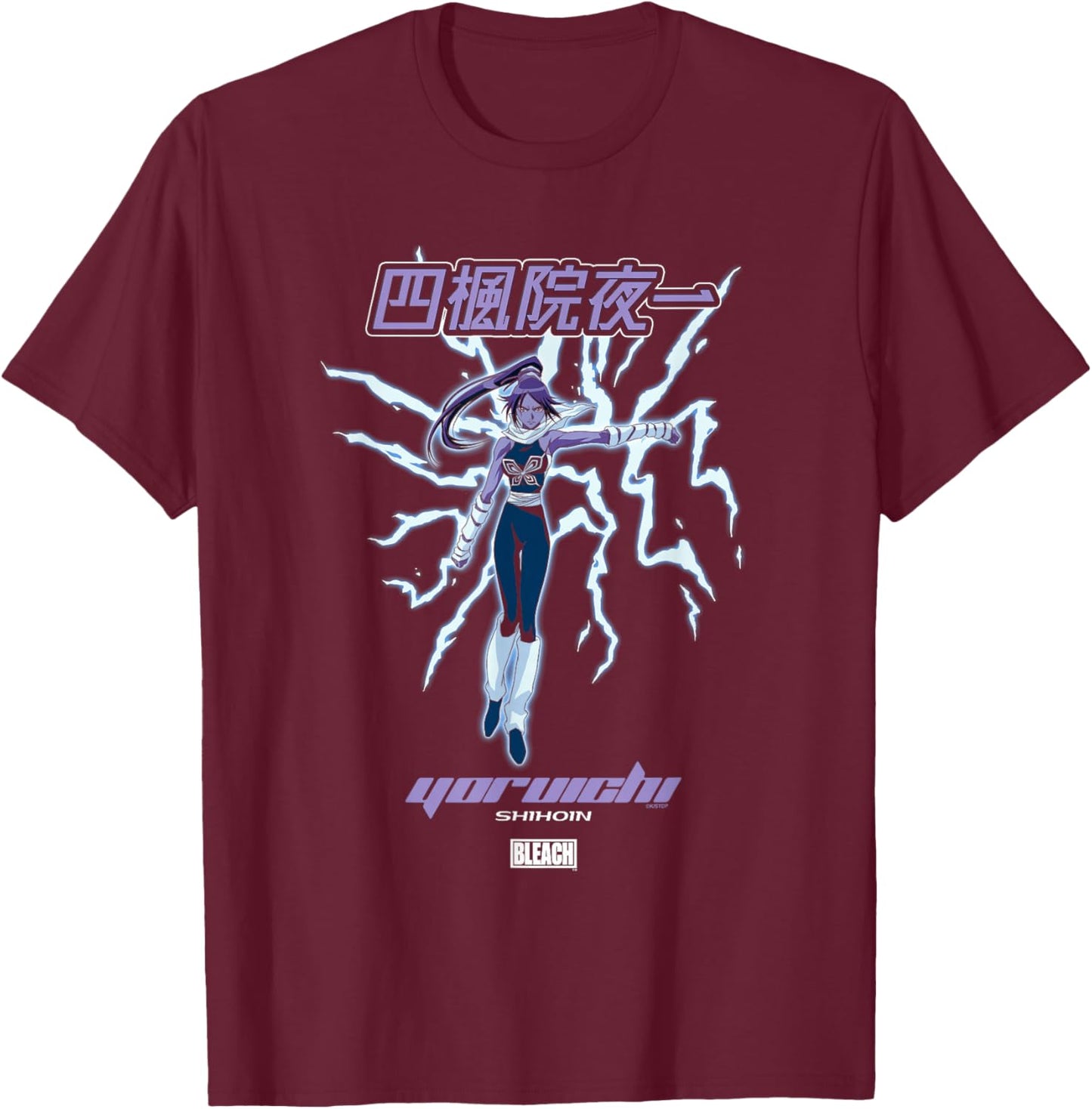 Bleach Yoruichi Y2K Lightning Portrait with Kanji Anime T-Shirt - T-Shirt | Maroon