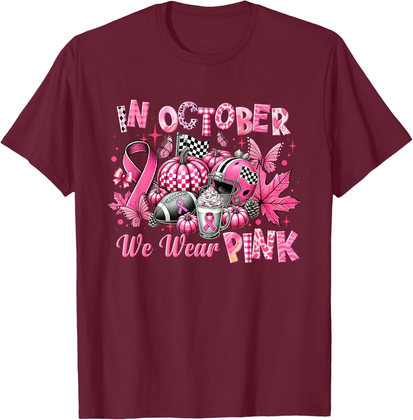 In October We Wear Pink Breast Cancer Pumpkin Football T-Shirt - T-Shirt | Maroon