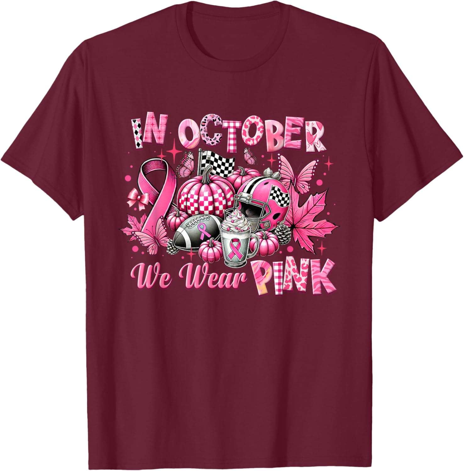 In October We Wear Pink Breast Cancer Pumpkin Football T-Shirt - T-Shirt | Maroon