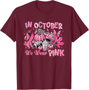 In October We Wear Pink Breast Cancer Pumpkin Football T-Shirt - T-Shirt | Maroon