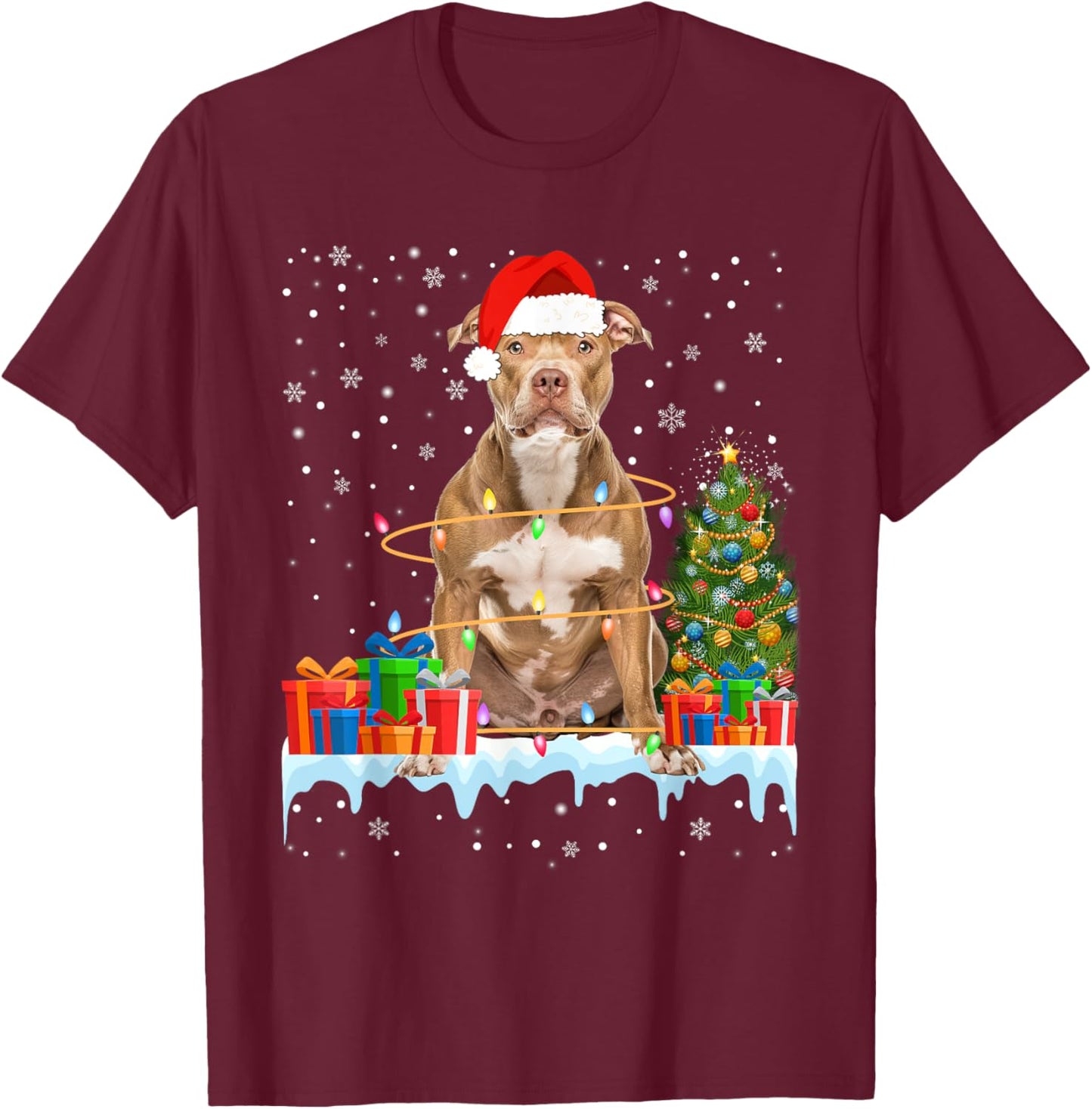 Funny Santa Pitbull Dog Christmas Lights Xmas Pajamas Men Women Kids T-Shirt - T-Shirt | Maroon